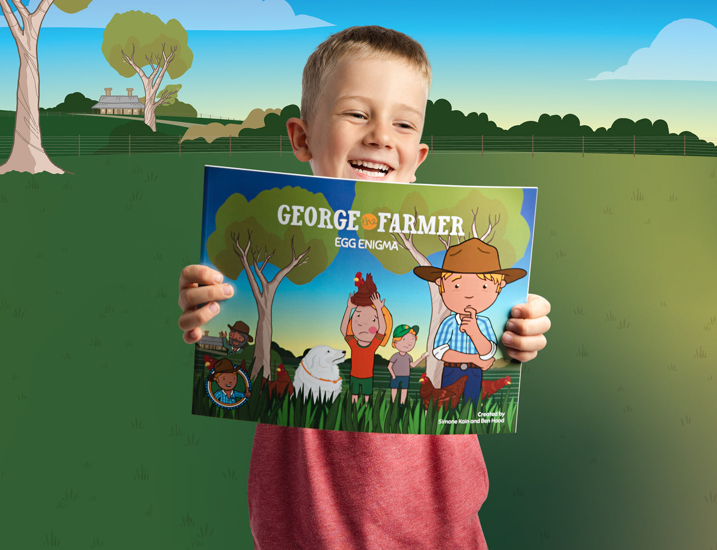 George the Farmer Egg Enigma book being held by a boy
