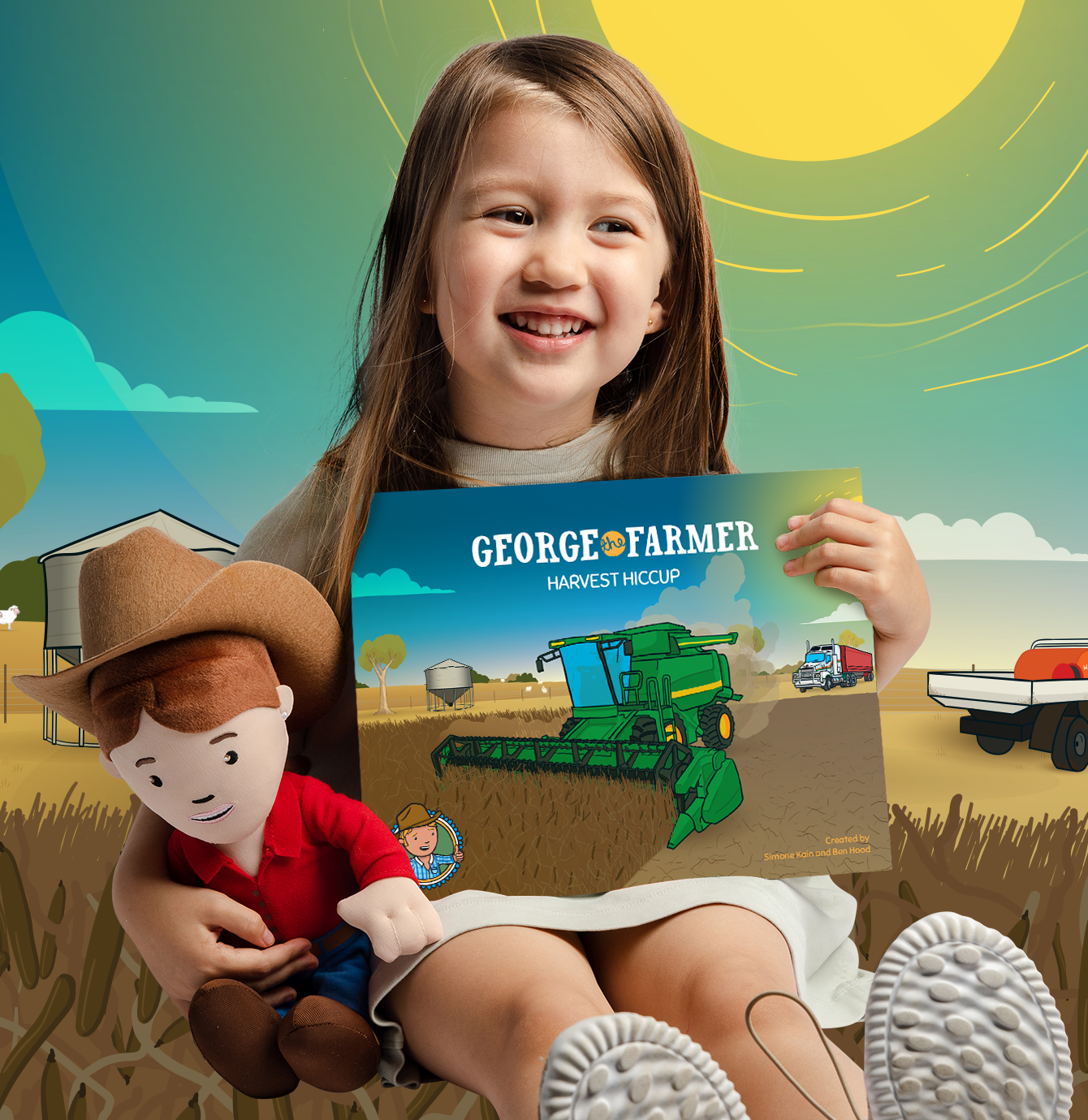 A young child holding up a picture book titled 'George the Farmer Harvest Hiccup'. She is also holding a Ruby Farmer toy.